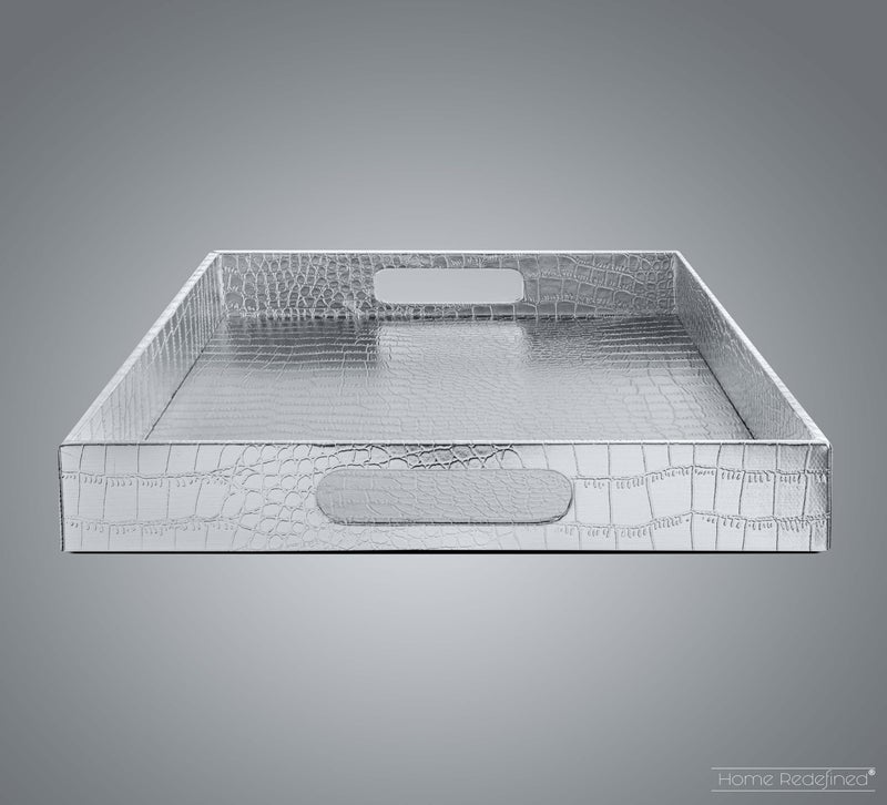 Home Redefined 17.5"x12" Silver Glossy Crocodile Faux Leather Serving Tray Beautiful Modern Elegant Decorative Tray with Handles Ottoman Coffee Table Ottoman Perfume Makeup Display for All Occasion's - Image 4